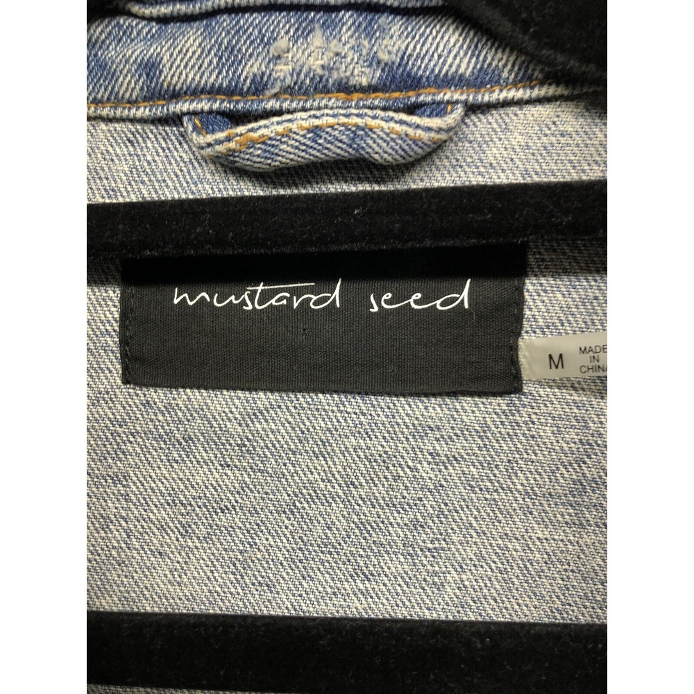 Mustard Seed distress Embroidered Denim Jean Jacket w Facts Saying Sz Medium - Picture 3 of 10